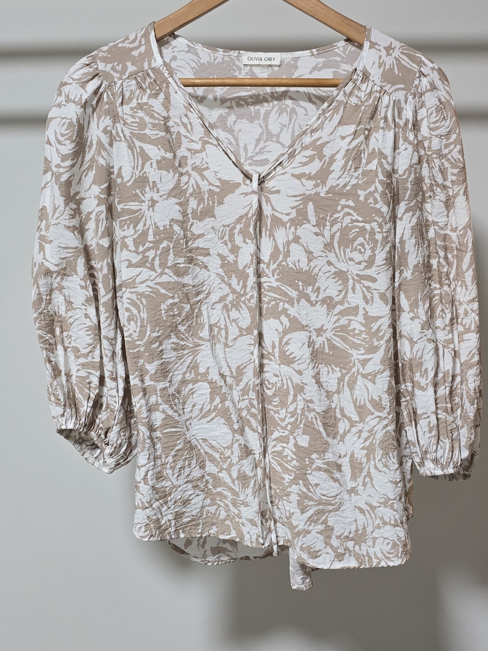 Olivia Grey Beige & White Floral V-Neck Blouse